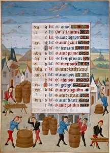 Kalender: August - Fremstilling af vintønder - Miniature af Mester Jean de Rolin (1400-tallet) fra "The Hours of Adelaide of Savoy, Duchess of Burgundy" 1460-1465 Chantilly, Musee Conde af Unknown artist