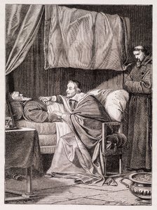 Kardinal Richelieu på fader Josephs dødsleje - gravering af Unknown artist