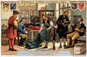 Karrierer i middelalderen: Weaver, Tailor, Hatter og Pastermaker, der bestiller tørrenseren - Chromo Liebig af Unknown artist
