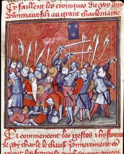 Karolingisk dynasti: "" Den karolingiske kong Charles II siger den skaldede (823-877) under et slag""" Miniature taget fra "" Les grandes Chronicles de France""" Chantilly fra det 14. århundrede, Musee Conde af Unknown artist
