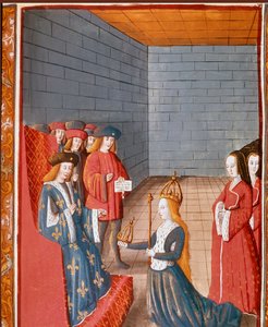Karolingisk dynasti: "" Den karolingiske kong Charles II siger, at den skaldede (823-877) tager hovedet af det vestlige imperium ved sin far Ludvig den frommes død i 840"" Miniature taget fra "" Les grandes Chronicles de France""" 15. århundrede Torino, na af Unknown artist