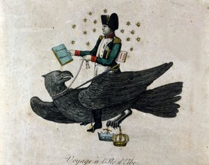 Tegnefilm om Napoleon om hans eksil på øen Elba. Napoleon på en ørn holder i sin højre hånd en bog med titlen Militær Værnepligt. Indgravering af perioden. af Unknown artist