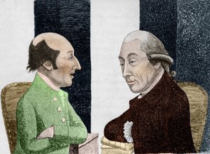 Tegneserie af James Hutton (1726 - 1797) til venstre og Joseph Black (1728 - 1799) til højre Gravering i begyndelsen af det 19. århundrede af Unknown artist