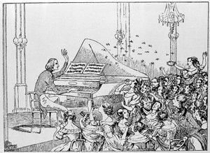Tegneserie af Franz Liszts triumf ved en koncert i Berlin i 1842.