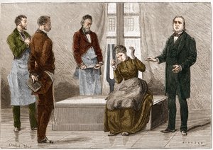 Katalepsi produceret under påvirkning af lyd (Diapason). Fransk neurolog Jean Martin Charcot (1825-1893) (til højre) demonstrerer hypnose på en patient på Salpetriere hospital. Illustration taget fra "" Nature"" 1879 af Unknown artist