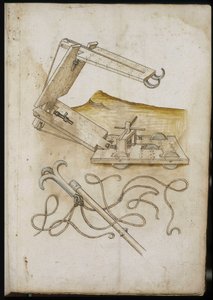 Katapult- og krogsystem - Manuskript: pergamentark af en ingeniørmanual til opførelse af civile, religiøse og militære bygninger, anonymt, slutningen af det 15. århundrede (figur med kinesisk blæk) af Unknown artist