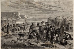 Cauda-yoli (cauda yoli), den årlige turcomanske religiøse fest, for at bede om Guds beskyttelse for familien og betailen, arrangeret af en familie, som til lejligheden kan ofre omkring femten får, og som hele samfundet er inviteret til. Engravin af Unknown artist
