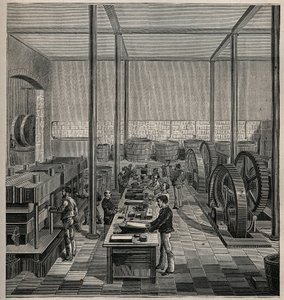 Celluloid: fremstilling af celluloid. Indgravering fra 1885 i "" Les arts et metiers illustres"" af Adolphe BITARD. af Unknown artist