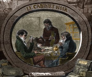 Censur i 1800-tallet: Under det gamle regime kaldes tjenesten "Black Cabinet", som er ansvarlig for at undersøge privat korrespondance af sikkerhedsmæssige årsager. Indgravering af det 19. århundrede. af Unknown artist
