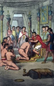 Ceremoni (Ceremoni) i Inca-hovedstaden i Cuzco: Manco Capac (Ayar Manco) giver udmærkelse til blodets fyrster ved at stikke hul i deres ører - gravering fra "Skikke og skikke for alle mennesker i universet. Det er historien om regeringen, lovene, om af Unknown artist
