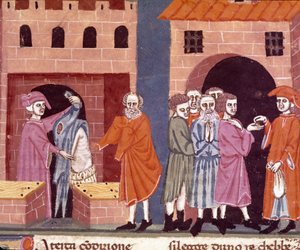 Velgørenhed i middelalderen: "" offentlig bistand"". Scene for velgørenhed og hjælp til de fattige. Miniature af den florentinske skole taget fra den italienske oversættelse af "Pater noster" af den florentinske notar Ser Zucchero Bencivenni, begyndelsen a af Unknown artist