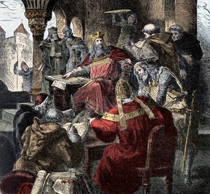 Karl den Store (742 - 814) på sin trone præsiderer over Paladsakademiet (gravering) af Unknown artist