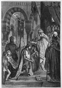 Karl I af Anjou (Karl I af Sicilien) (1226-1285) blev investeret i Kongeriget Sicilien den 28/06/1265 af pave Clemens IV (v. 1195-1268). af Unknown artist