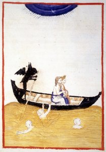 Charon (Caron) får Dante og Virgil Acheron til at krydse underverdenens flod - i "Den guddommelige komedie"" af Dante Alighieri, miniature af et manuskript fra det 14. århundrede, Bibl. Municipal de Rimini. af Unknown artist