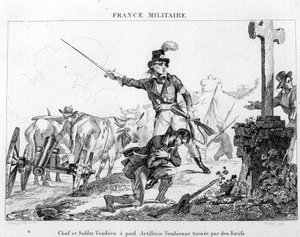 Chef og soldat til fods. Vendeansk artilleri slæbt af okser. Indgravering af det 19. århundrede. af Unknown artist