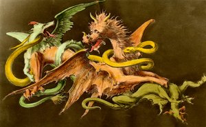 Chimeres En drage, der kæmper mod to monstre. Stik fra 1800-tallet. af Unknown artist