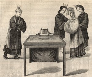 Kinesisk skik: underskrive en ægtepagt. En tablet med navnene på de to ægtefæller lægges på et bord med to duer. Indgravering i ""The Illustrated London News"" af 14. februar 1857. af Unknown artist