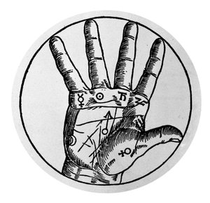 Chiromanti og spådomsforudsigelse: repræsentation af de forskellige linjer i hånden, der tillader fortolkningen af personligheden. Stik af det 17. århundrede af Unknown artist