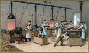 Chokoladefremstilling. Kakao Torrefaction Room. Kromolitografi i slutningen af det 19. århundrede af Unknown artist