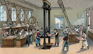 Chokoladefremstilling: støbning. Kromolitografi fra slutningen af det 19. århundrede af Unknown artist
