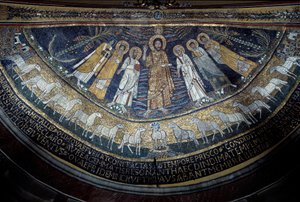 Kristus blandt Sankt Paul, Sankt Cecilia, Sankt Pascal, Sankt Peter, Sankt Valeriano og Sankt Agata (mosaik, 821) af Unknown artist