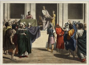 Kristus før Pontius Pilatius: Da Pilatus så, at folket ønskede Jesu død og frygtede et optøj, tog han vand, vaskede sine hænder for folkemængden og sagde: "Jeg er ikke ansvarlig for dette blod; det er op til dig at se”. Anonym gravering fra mi af Unknown artist