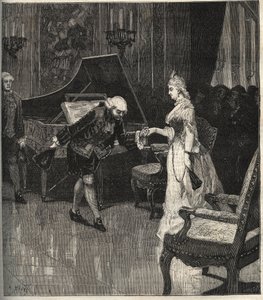 Christoph Willibald Gluck før dronningen Marie-Antoinette ved Trianon - Christoph Willibald Gluck (1714-1787), tysk komponist, der spiller foran Dronning Marie Antoinette en Trianon - indgravering i "" Popular Music""" illustreret ugeavis - 1882 af Unknown artist