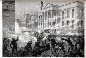 Cincinnati Courthouse-optøjer i 1884 - et optøj startede efter en jurydom om manddrab efter en berygtet mordsag, 28. marts 1884 - af Unknown artist
