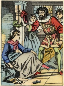 Askepot prøver glasskoen fundet af prinsen. Illustration af Charles Perraults fortælling "Askepot eller La petite slipper de verre" af Unknown artist