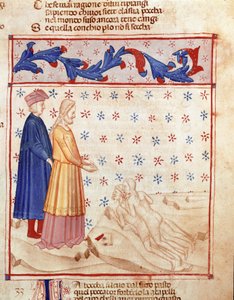 Circle of Traitors: Dante og Virgil møder Ugolino della gherardesca, tyran i Pisa og fordømmer for forræderi mod hjemlandet, han slår lederen af Archeveque Ruggeri. Oplyst side, der illustrerer den 33. helvedesang, henter fra "Divina Commedia" af Unknown artist