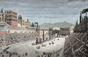 Circus Maximus - Det store cirkus eller cirkus Maxime, i Rom, med et vognløb - Farvegravering
