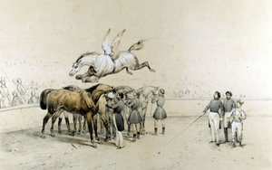 Cirkus viser en bevinget hest springer over tre heste med bind for øjnene. af Unknown artist