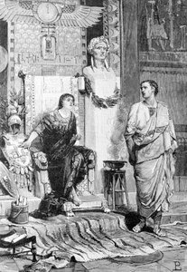 Kleopatra (69 f.Kr. - 30 f.Kr.), dronning af Egypten og Octave, kom for at tale med hende efter Actiums nederlag og Marc Antonys død. Indgravering af det 19. århundrede. Storia d