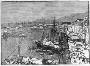 Kommercielt skib og arsenal i havnen i Toulon (Var), Frankrig. Gravering i "" Le Monde Illustré"" af Unknown artist