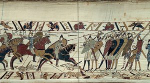 Erobre England af Vilhelm Erobreren (1027-1087) i 1066, kampscene mellem det normanniske kavaleri, der laster det saksiske infanteri af kong Harold II af England Detalje af Bayeux-tapet eller broderi af dronning Mathilde af Unknown artist