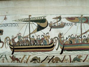 Erobring af England af Vilhelm Erobreren (1027-1087) i 1066: de normanniske flåder er på vej til England Detalje af Bayeux-tapet eller broderi af dronning Mathilde af Unknown artist