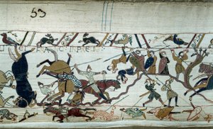 Erobring af England af hertugen af Normandiet Vilhelm Erobreren (1027-1087) i 1066: Slaget ved Hastings Detalje af Bayeux-tapet eller broderi af dronning Mathilde af Unknown artist