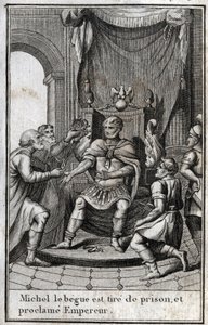 Kroningen af Michael II amorianeren (begen) (770-829) som byzantinsk kejser efter hans løsladelse fra fængslet i 820. Han er grundlæggeren af det amoriske dynasti. Indgravering i “Beaute de l