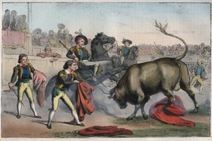 Corrida i Spanien: le picador - Tyr, der lader en Picador - indgravering fra "" Skikke og traditioner for alle folkeslag i universet. Det er historien om regeringen, lovene, militsen, om alle nationers religion fra de fjerneste tider op til vore dage. af Unknown artist