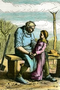 Cosette og Jean Valjean. Illustration til romanen "Les miserables" af Victor Hugo (1802-1885) Stik fra 1865 Privat samling af Unknown artist