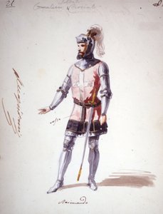 Kostume til operaen "" I Lombardi"" eller "" Les Lombards à la première Crusade"" komponeret af Giuseppe Verdi (1813 - 1901) i 1843. Anonym akvareltegning. Karakter af Raimondo for forestillingen på Scala i Milano. af Unknown artist