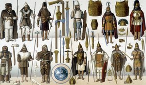 Kostumer, rustninger og våben fra barbariske krigere af Unknown artist
