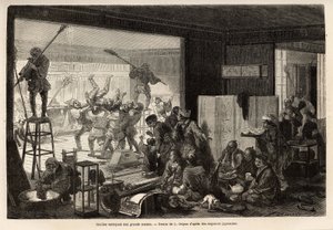 Coulies (tjenere), der gør rent i et stort hus, til nytårsforberedelserne, denne menage ender med glædelige og groteske manifestationer: fjernelse af den, der har misforstået sin opgave. Indgravering til illustration af rejsen til Japan af Aime Humbert, mi af Unknown artist