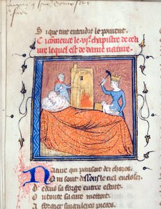 ""Par omfavner sig i en seng, en dronning dræber et spædbarn, og en anden karakter brænder et hus ned"" Oplyst side fra manuskriptet ""Le Roman de la Rose"" af Guillaume de Lorris (ca. 1200-1238) og Jean de Meun (Meung) (1240-1305) omkring 1365 Universitet af Unknown artist
