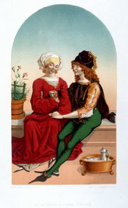 Høflig kærlighedsscene i middelalderen. College - 1800-tallets efterligning. af Unknown artist