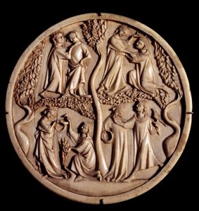 Høflige kærlighedsscener. Elfenbens spejlboksventiler. Begyndelsen af det 14. århundrede. Svag. 11 cm. Paris, Louvre-museet af Unknown artist