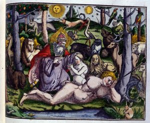 Skabelsen: Gud repræsenteret omgivet af mennesker og dyr (hund, trane, løve, hjorte, bæver, abe, enhjørning, vildsvin, papegøjer, kanin...), ifølge Historiae animalium af Konrad Gesner, Tiguri af Unknown artist