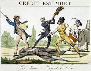 Kredit døde: dårlige betalere dræbte den - karikatur omkring 1820 af Unknown artist