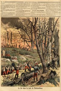 Kriminel brand i skoven i Fontainebleau. Indgravering i "" Le petit journal"" 22/04/1893. Selvas samling. af Unknown artist
