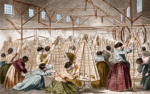 Crinoline fabrikker: lægning af bøjler. 1865 gravering. af Unknown artist